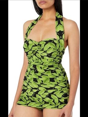 Norma Kamali Bill Mio Tree Leaves Swim Dress One Piece Mini Halter Ruched XXS